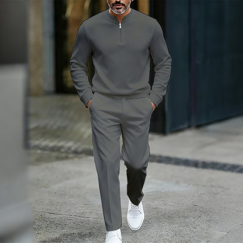 Men's Casual Solid Color Round-Neck Zipper Long Sleeved Trousers Two-Piece Set