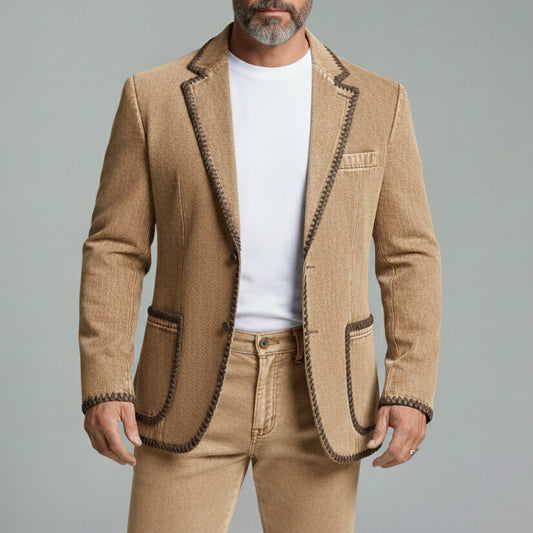 Men's Business Casual Brown Denim Notched Lapel Whipstitch Trim Patch Pockets Long Sleeve Blazer