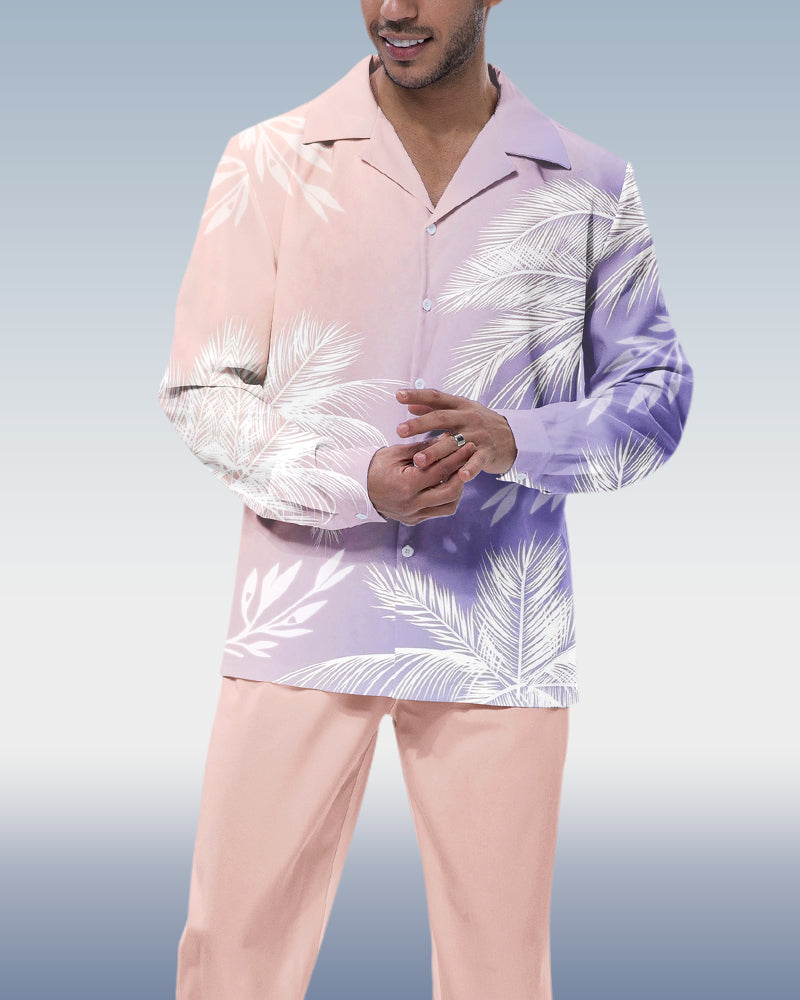 Suitmens Men's Pink Leaf Long Sleeve Walking Suit