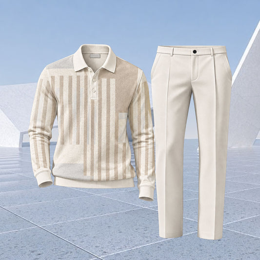 Men's Geometric Vertical-Striped Polo Shirt and Pants Two-Piece Set