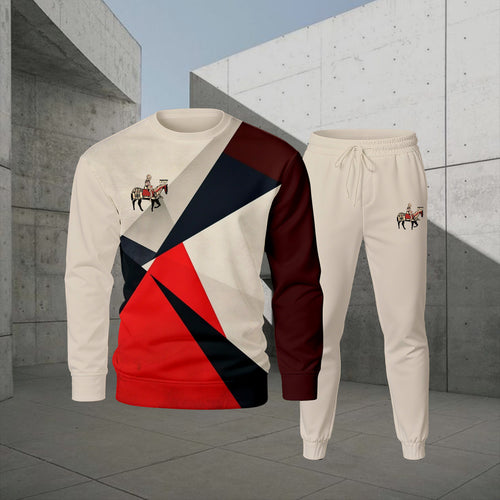Men's Casual Color Matching Printed Round-Neck Long-Sleeve Sweatshirts Trousers Two-Piece Set