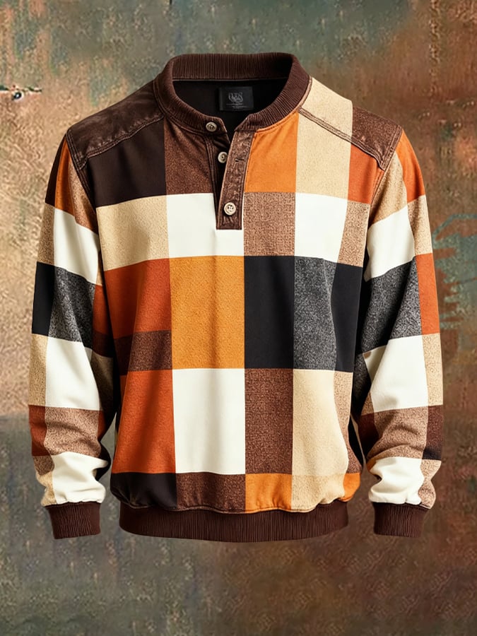 Men's Retro Colorblock Henley Sweatshirt