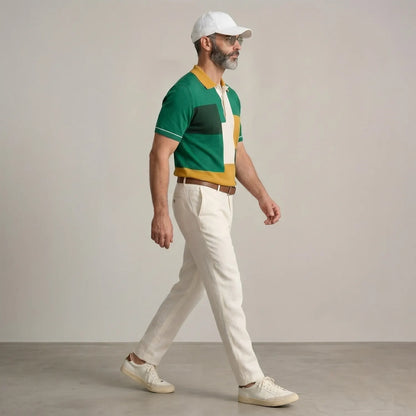 Men's Fashion Colorblock Turndown Collar Short Sleeve Casual Polo Shirt