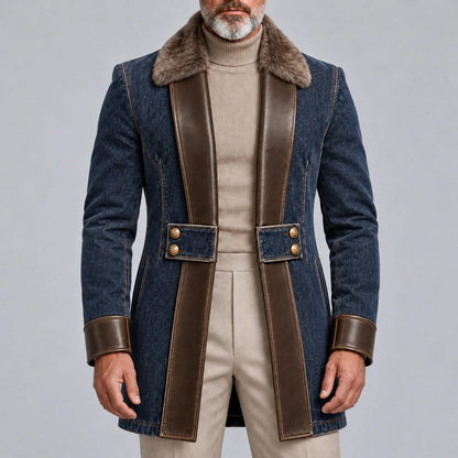 Men's Vintage Navy Blue Denim PU Leather Trim Fuzzy Collar Gold Button Trench Coat