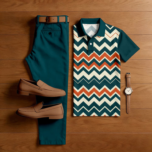 Men's Casual Dark Green & Yellow Color Matching Printed Short Sleeved Polo Shirt & Trousers Two-Piece Set