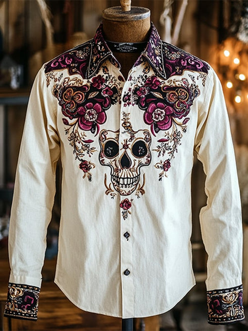Men's Outdoor Vintage Skull and Floral Print Long Sleeve Shirt