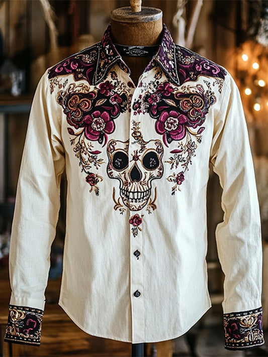 Men's Outdoor Vintage Skull and Floral Print Long Sleeve Shirt