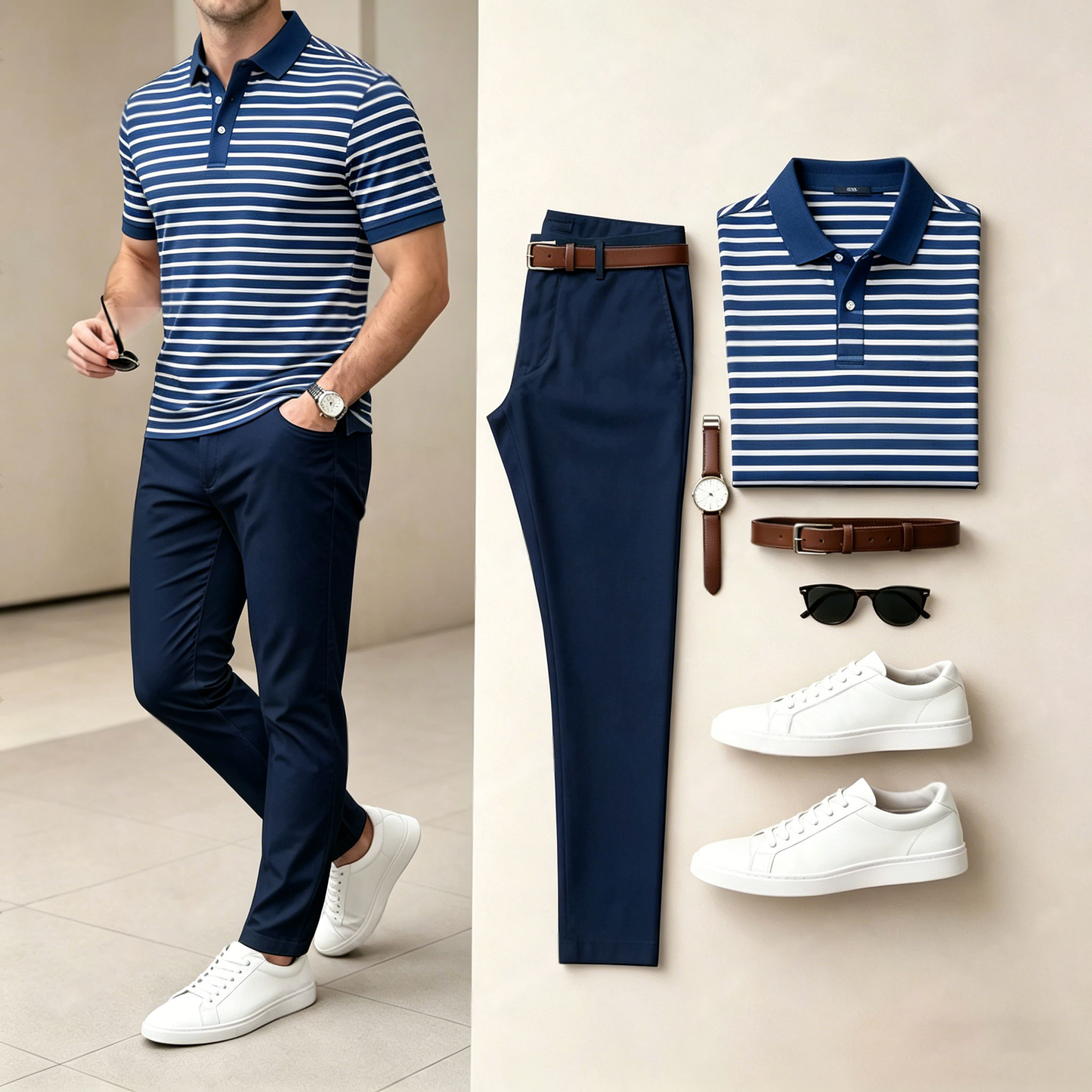 Men's Casual Fine-Striped Printed Short-Sleeve Polo Shirt And Pants Set (Excludes Accessories Such As Watches And Belts)
