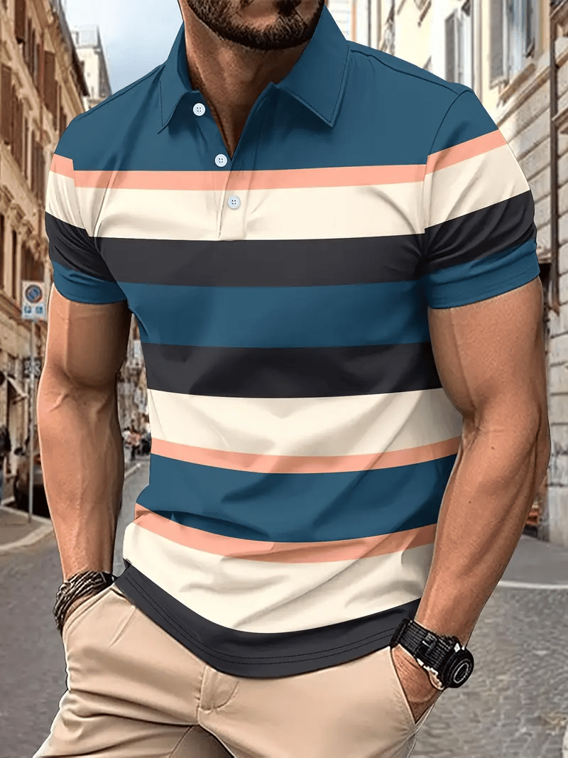Men's Business Stripe Logo Button-Down Short Sleeve Polo Shirt