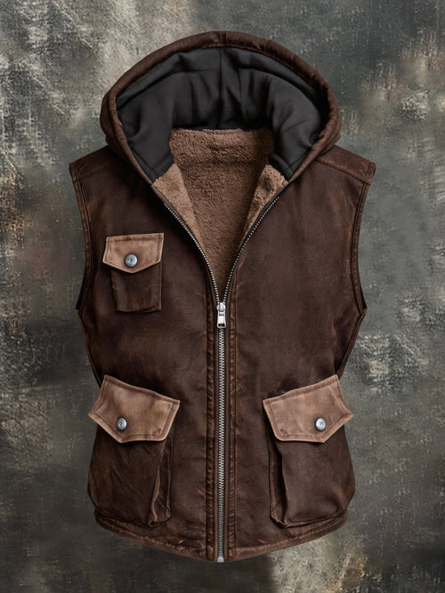Men's Vintage-Style Distressed Outdoor Multi-Pocket Fleece-Lined Hooded Vest