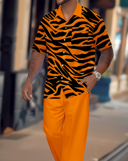 Men's Retro Tiger Pattern Colorblock Short Sleeve Shirt Walking Suit 1653