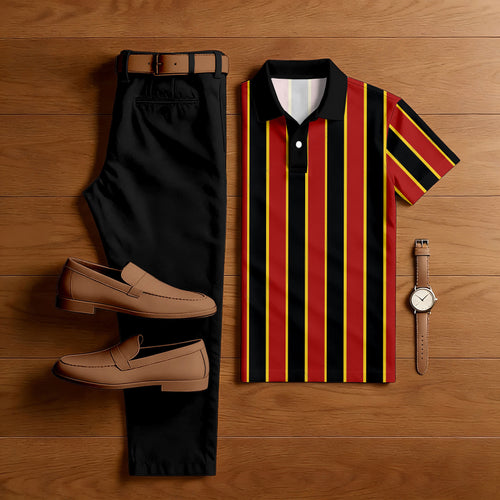Men's Casual Black & Red Color Matching Striped Printed Short Sleeved Polo Shirt & Trousers Two-Piece Set