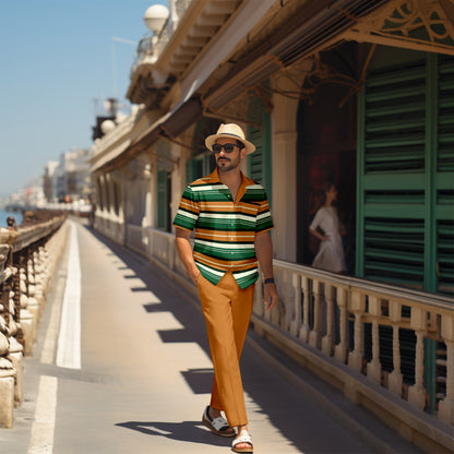 Men's retro colorblock short-sleeved shirt walking Suit 1686