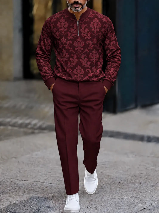 Men's Printed Zipper Polo Shirt and Pants Set