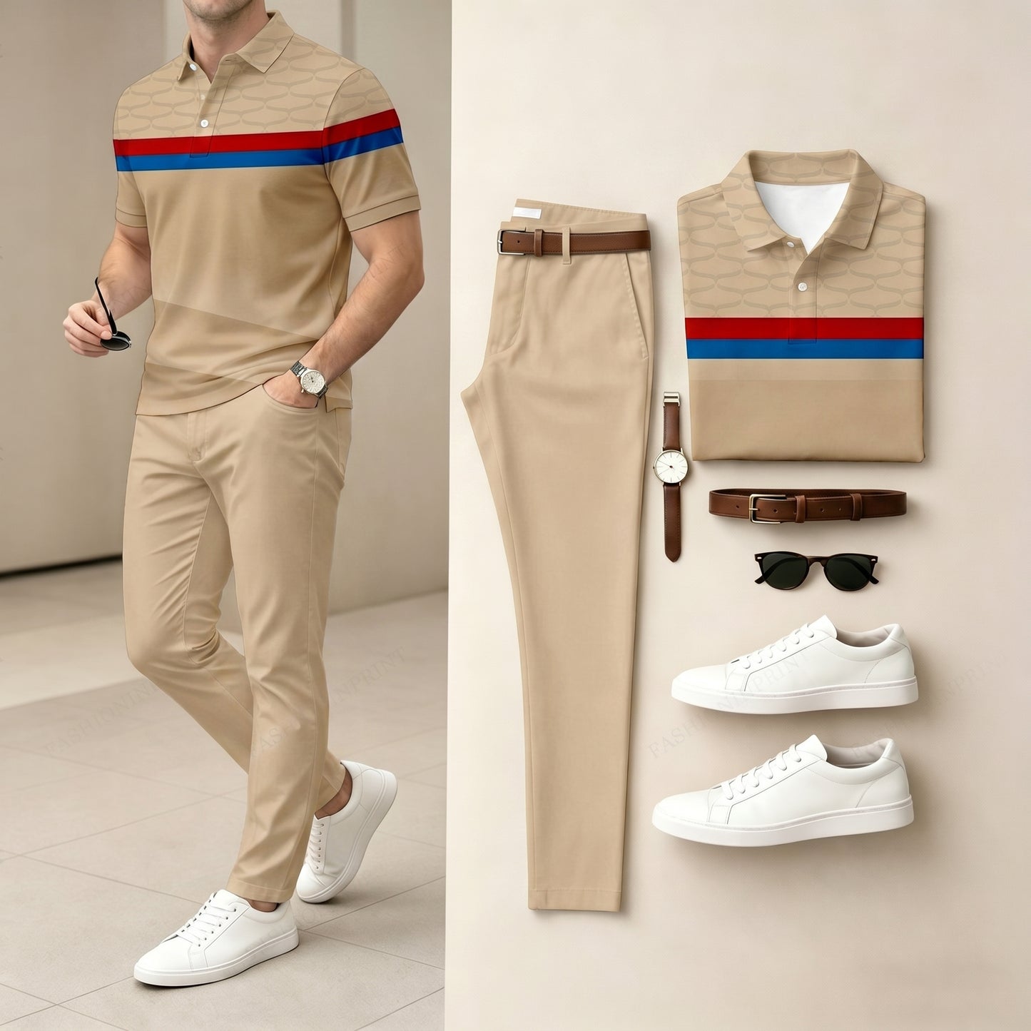 Men's Apricot Color Matching Striped Printed Short Sleeved Polo Shirt & Pants Two-Piece Set