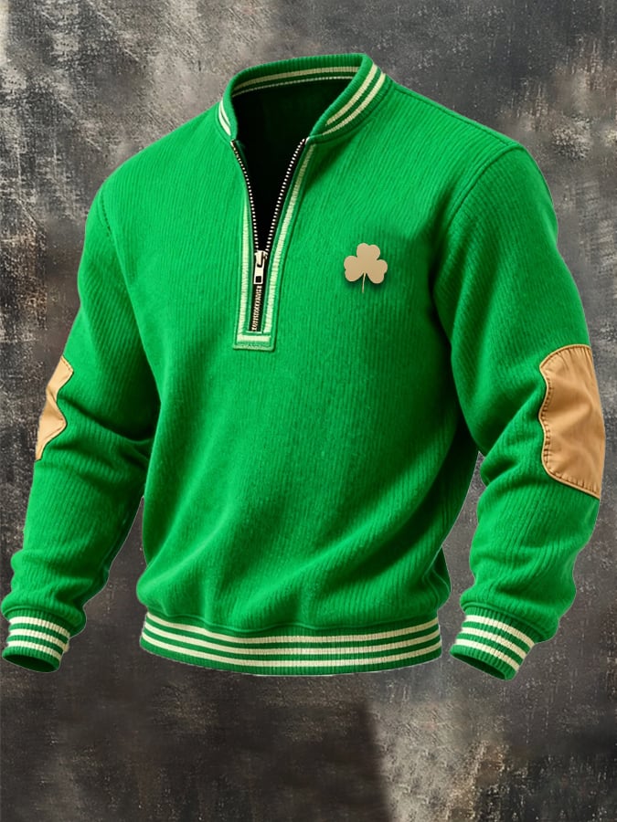 (Detachable Shamrock Brooch Included) Men's Casual St. Patrick's Day Color-Block Half-Zip Stand-Collar Long-Sleeved Sweatshirt