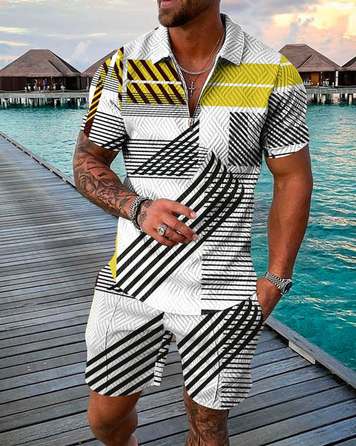 Men's Casual Print Polo Shirt Two Piece