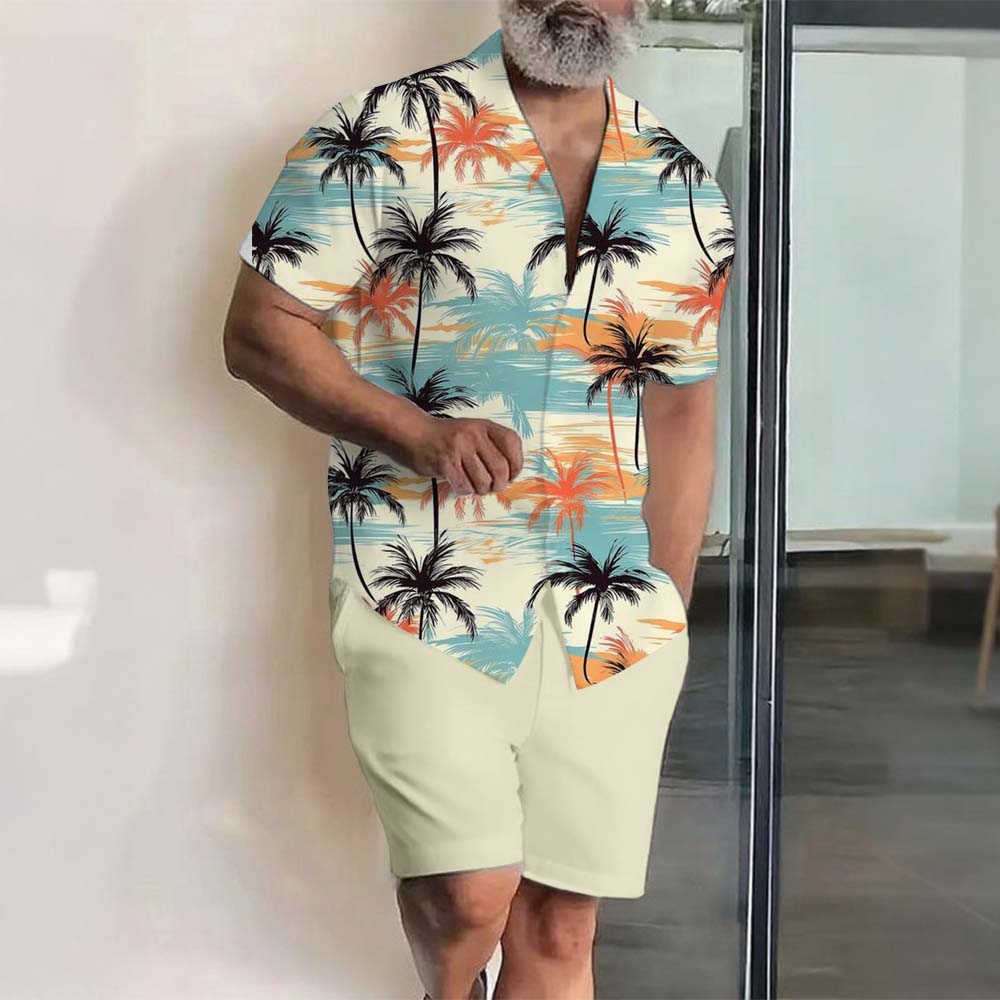 Men's Hawaii Vacation Printed Lapel Collar Short-Sleeved Two-Piece Set