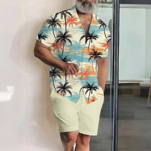 Men's Hawaii Vacation Printed Lapel Collar Short-Sleeved Two-Piece Set