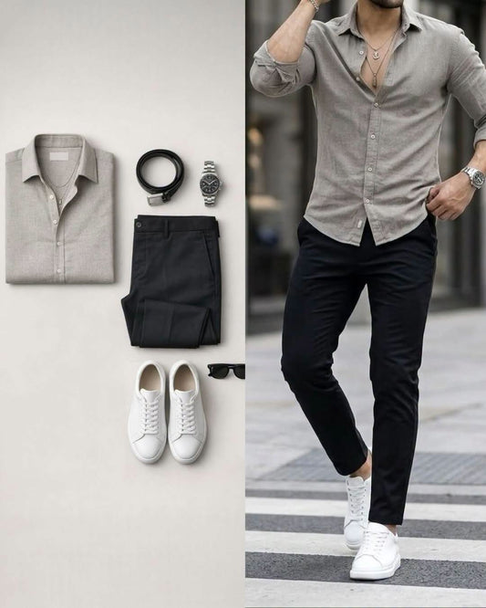 Men's Grey Long Sleeve Shirt & Black Pants 2 Piece Outfit Set