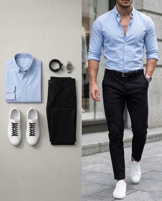 Men's Light Blue Long Sleeve Shirt & Black Pants 2 Piece Outfit Set