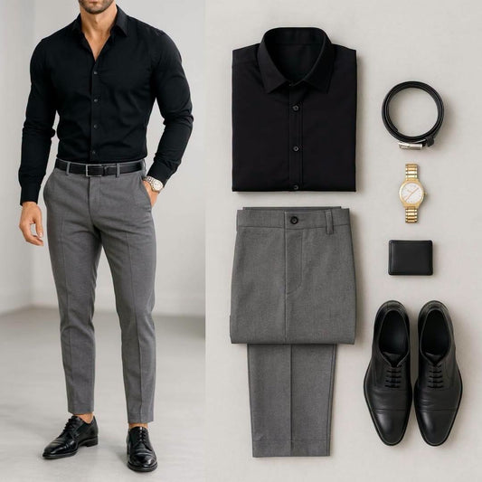 Men's Black Long Sleeve Shirt & Gray Pants 2 Piece Outfit Set