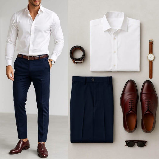Men's White Long Sleeve Shirt & Navy Blue Pants 2 Piece Outfit Set