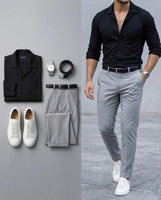 Men's Black Long Sleeve Shirt & Light Gray Pants 2 Piece Outfit Set