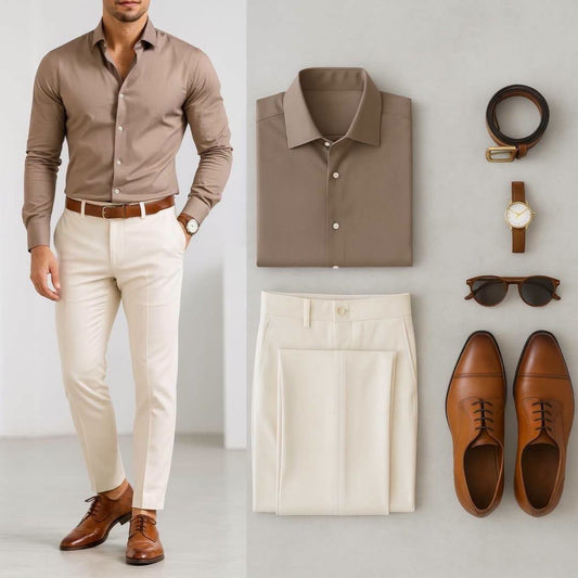 Men's Taupe Long Sleeve Shirt & Ivory Pants 2 Piece Outfit Set