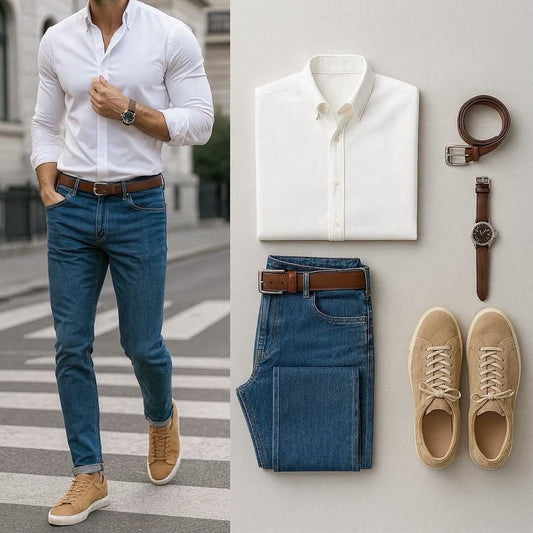 Men's White Long Sleeve Shirt & Blue Jeans 2 Piece Outfit Set