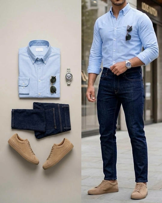 Men's Light Blue Long Sleeve Shirt & Dark Blue Jeans 2 Piece Outfit Set