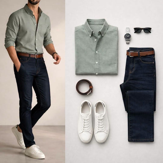 Men's Sage Green Long Sleeve Shirt & Dark Blue Jeans 2 Piece Outfit Set