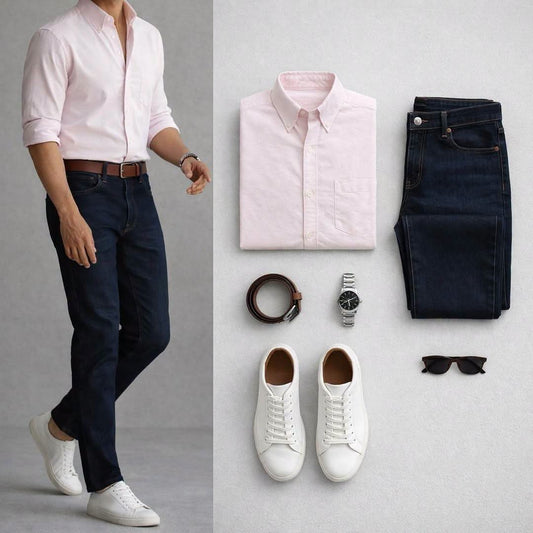 Men's Light Pink Long Sleeve Shirt & Dark Blue Jeans 2 Piece Outfit Set