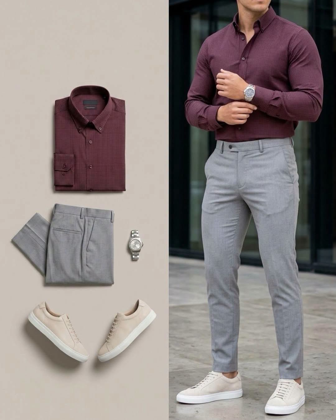 Men's Burgundy Long Sleeve Shirt & Light Gray Pants 2 Piece Outfit Set
