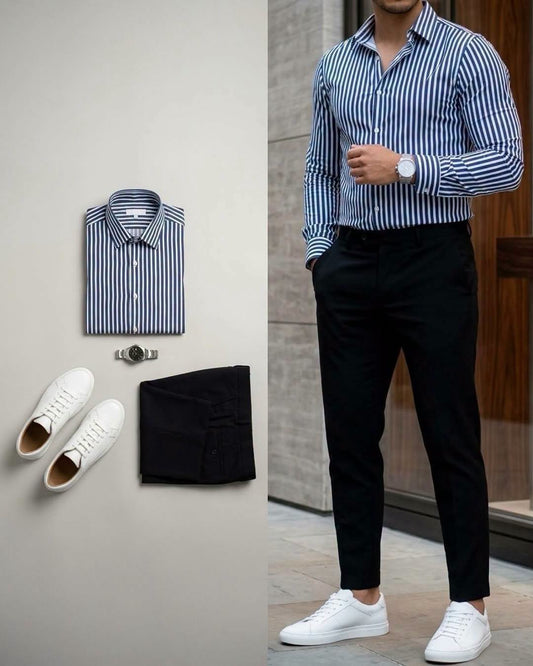 Men's Blue & White Striped Long Sleeve Shirt & Black Pants 2 Piece Outfit Set