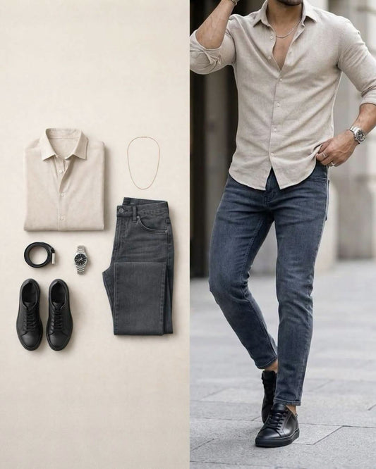 Men's Beige Long Sleeve Shirt & Dark Gray Jeans 2 Piece Outfit Set