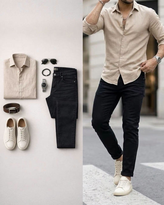 Men's Beige Long Sleeve Shirt & Black Pants 2 Piece Outfit Set