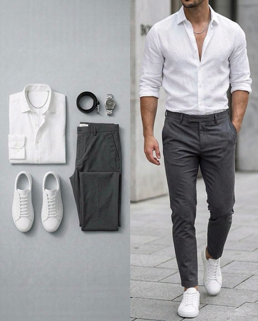 Men's White Long Sleeve Shirt & Charcoal Gray Pants 2 Piece Outfit Set