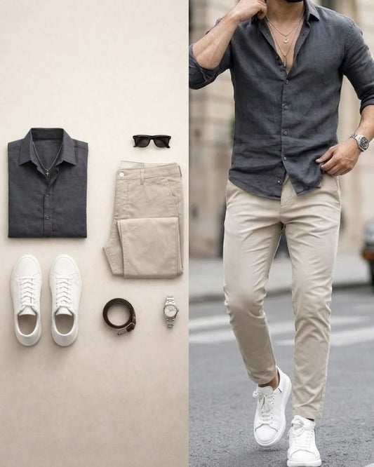 Men's Charcoal Gray Long Sleeve Shirt & Beige Pants 2 Piece Outfit Set