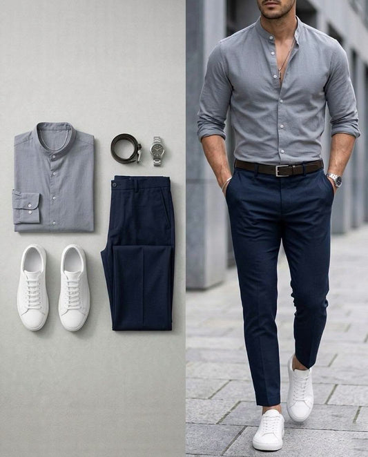 Men's Gray Long Sleeve Shirt & Navy Blue Pants 2 Piece Outfit Set