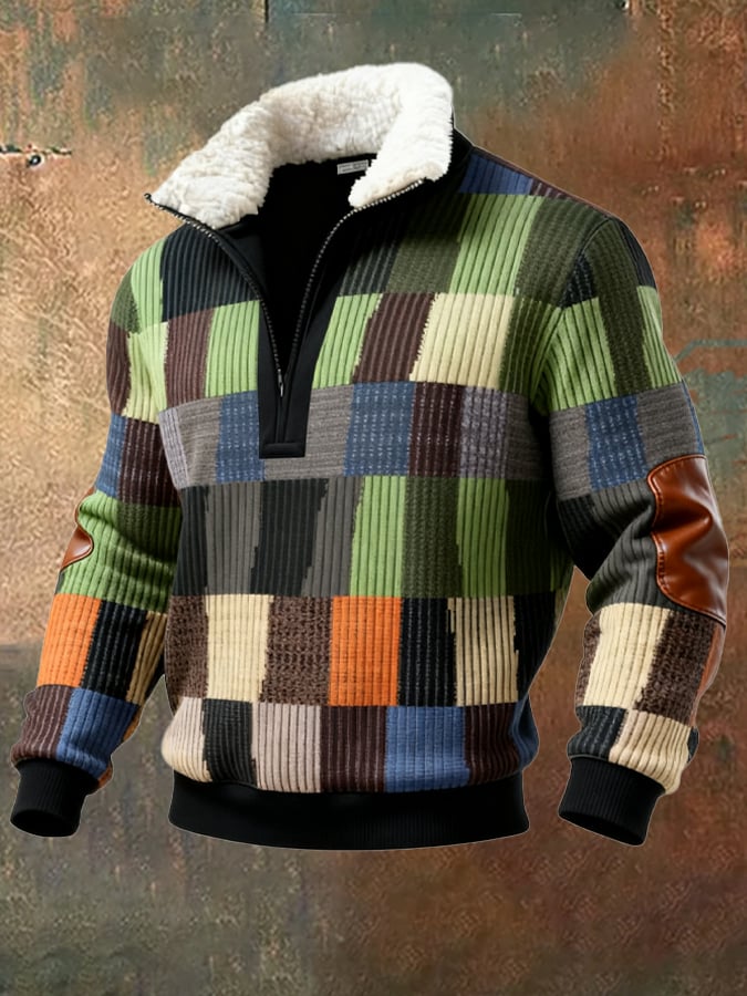 Men's Retro Color Block Print Casual Fur Collar Sweatshirt