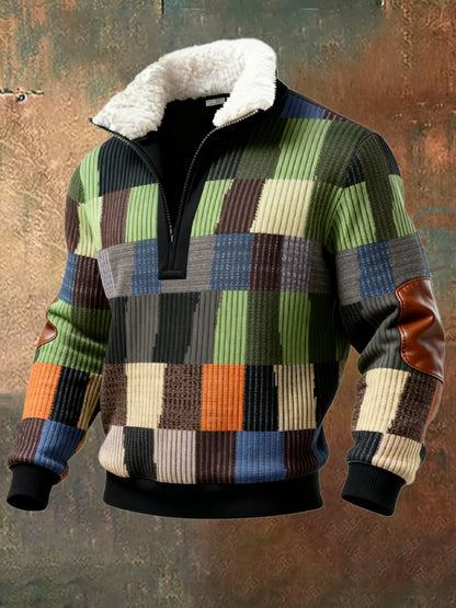 Men's Retro Color Block Print Casual Fur Collar Sweatshirt