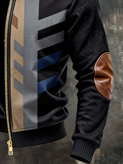 Men's Retro Color Block Print Patchwork Leather Warm Multi-Pocket Outdoor Jacket