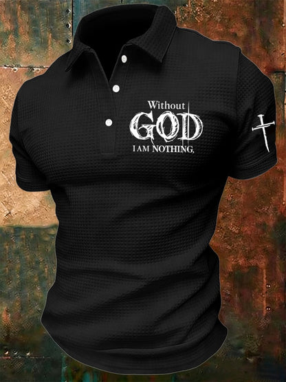 Men's Retro Faith “Without God I Am Nothings,” Print Short-Sleeve Waffle Polo Shirt