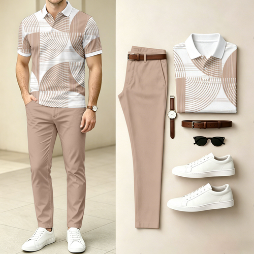 Men's Casual Geometric Print Short-Sleeve Polo Shirt And Pants Set (Excludes Accessories Such As Watches And Belts)