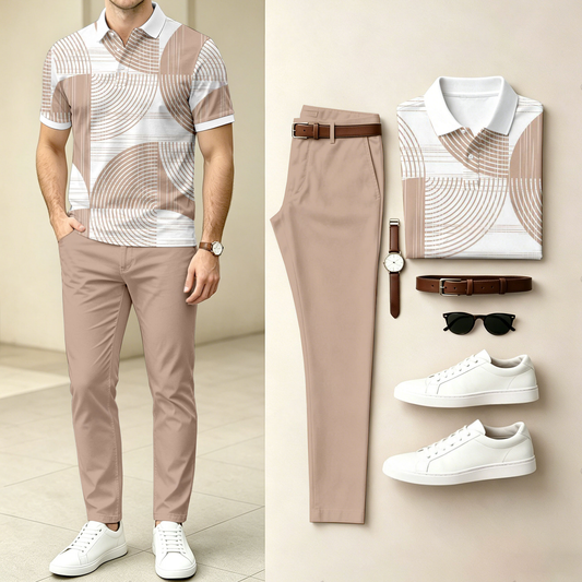 Men's Casual Geometric Print Short-Sleeve Polo Shirt And Pants Set (Excludes Accessories Such As Watches And Belts)