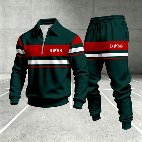 Men's Printed Zipper Polo Shirt and Pants Set