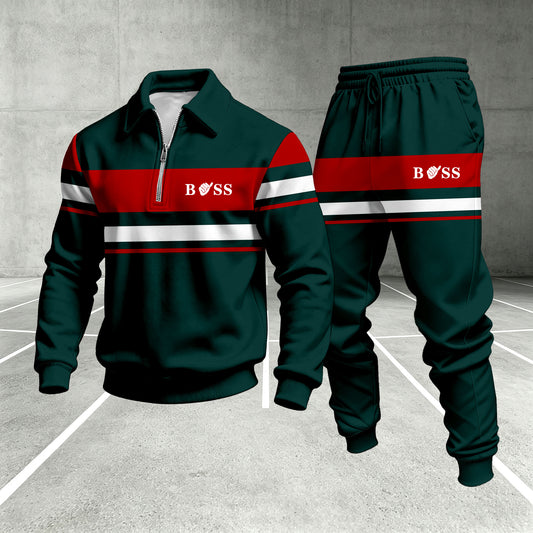 Men's Printed Zipper Polo Shirt and Pants Set