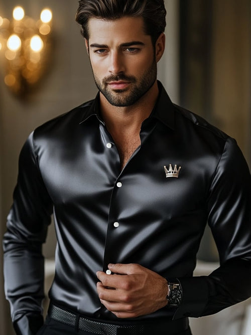 Men's Luxury Black Crown Printed Long Sleeve Shirt
