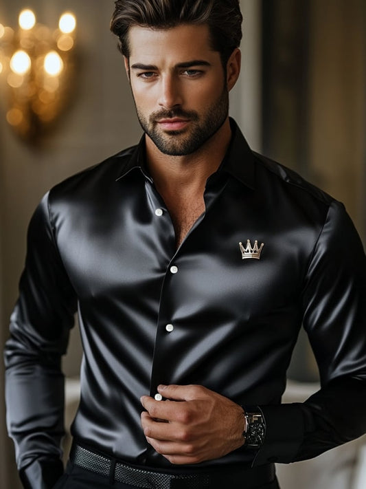 Men's Luxury Black Crown Printed Long Sleeve Shirt